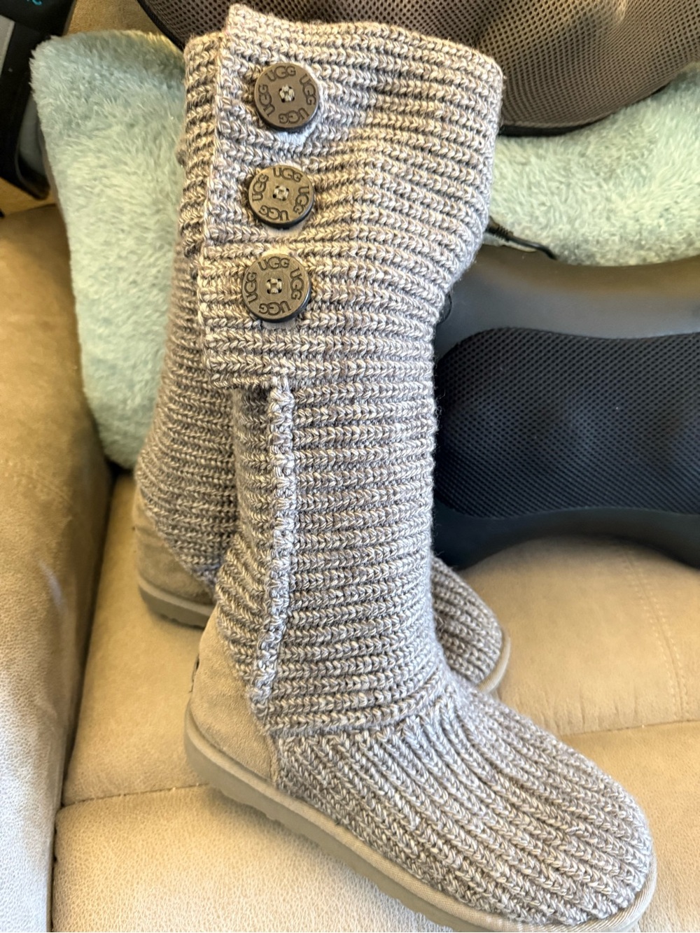 UGG Women’s Light Taupe Knit Button Tall Boots